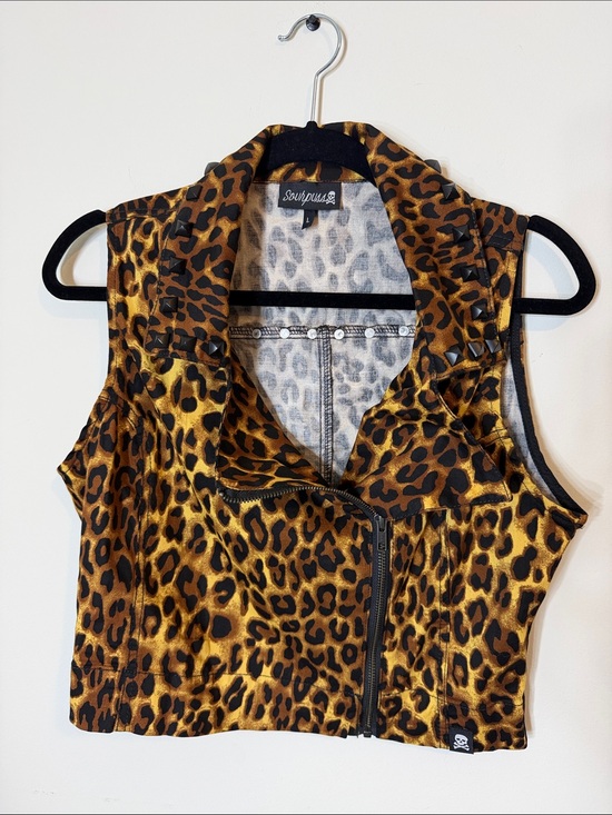 Sourpuss Jackets & Blazers - Sourpuss Leopard Print Studded Moto Vest